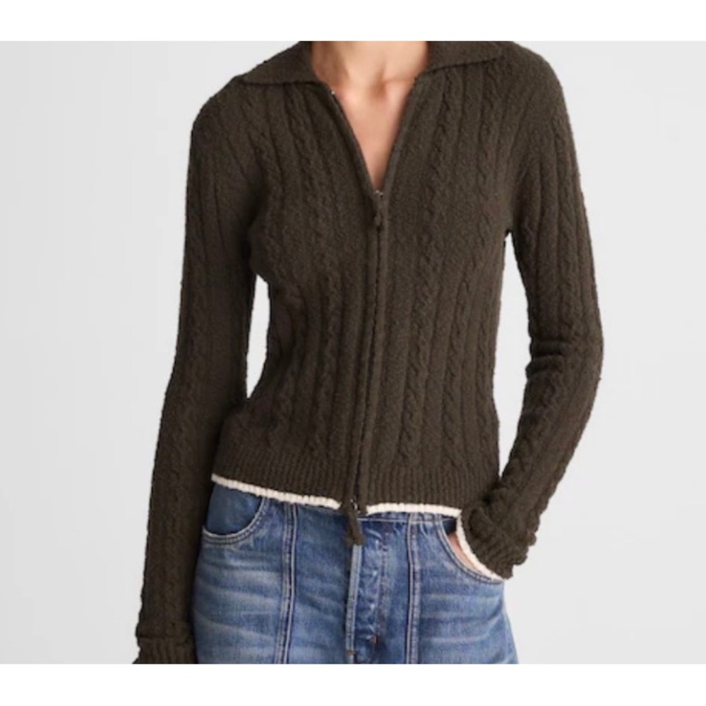 Madewell Women Cable Knit Zip Front Cardigan Sweater Olive Green Small NEW